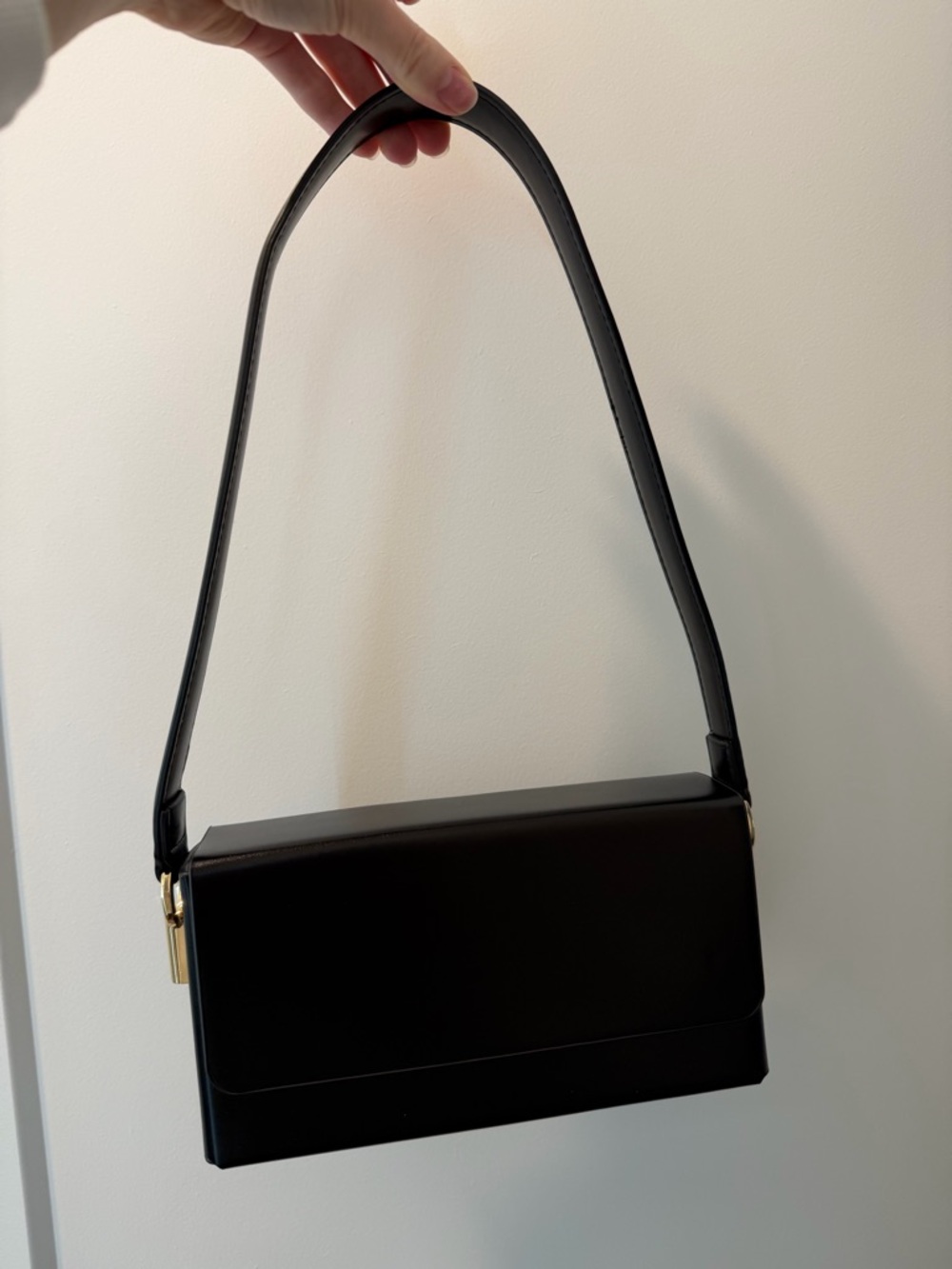 Madison West Black Leather Shoulder Bag with Gold Hardware